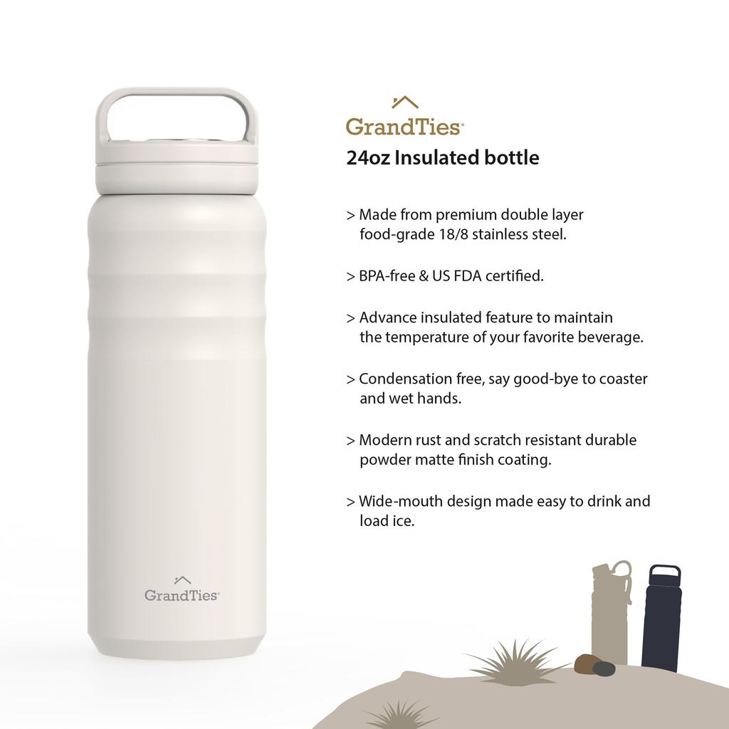 GRANDTIES Vacuum Insulated Stainless Steel Wide Mouth Water Bottle, 709ml, with Two Lids, Direct Drinking, Keeps Hot or Cold Water Hot for 12 Hours,