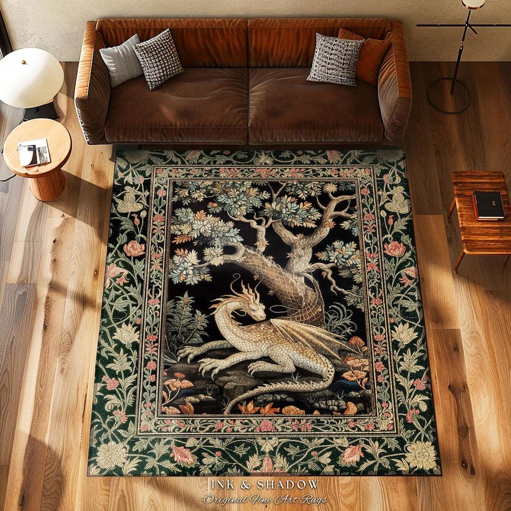 Folk Art Dragon Theme Rug Carpet for Living Room Bedroom Decor Aesthetic Mythical Creatures Art Floor Mat Coffee Table Mat