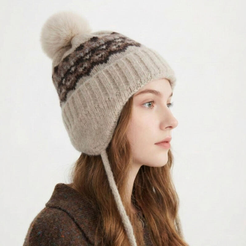 Shara Winter Earflap Hat Nordic Knit Pom Pom Hat K258