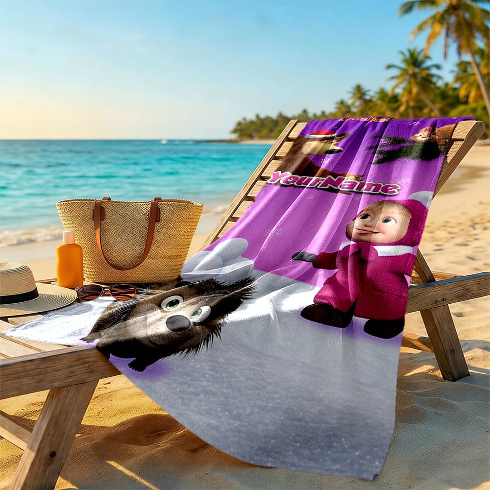 Masha Bear Customize Text Beach Towel Quick-Dry Soft Microfiber Perfect for Traveling Yoga Camping and Swimming
