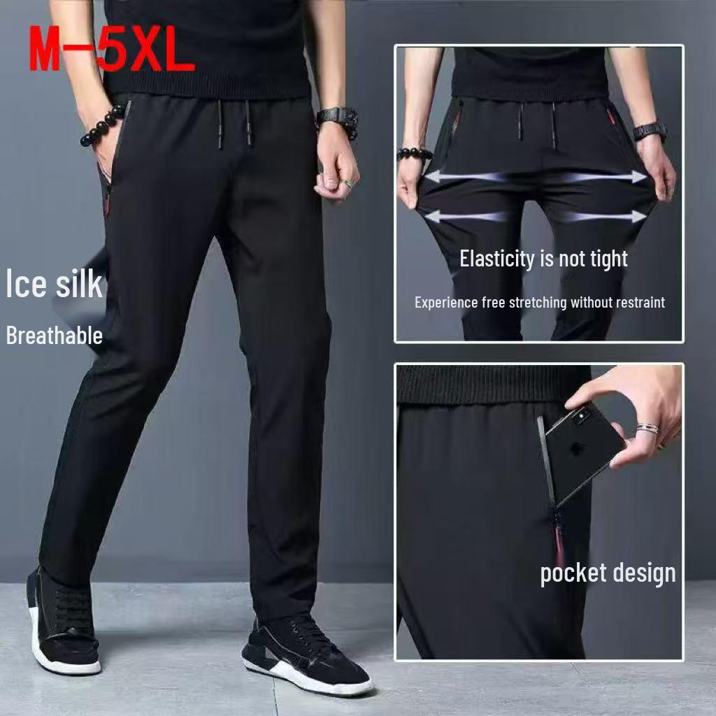 Men's Ice Silk Loose Straight-Leg Casual Pants - Spring/Summer Trend, Elastic Waist, Breathable Sports Western Trousers