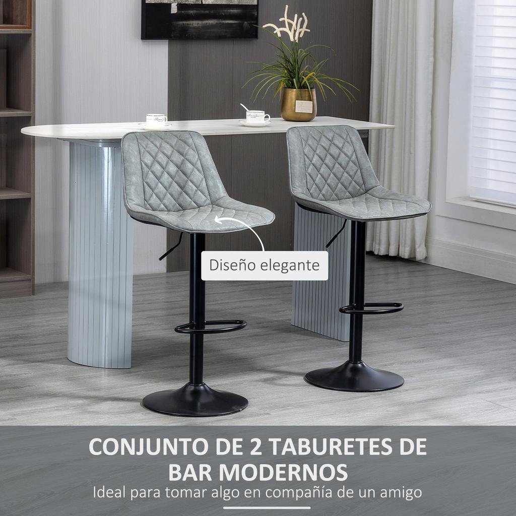 Set Of 2 Swivel Bar Stools Adjustable Height 86 106 Cm Upholstered In Synthetic Leather Backrest And Footrest Gray
