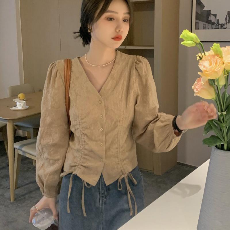 Fashion A-Line Women Blouse V-Neck Drawstring Waist Long Sleeve Shirt Lady Elegant Spring Tops