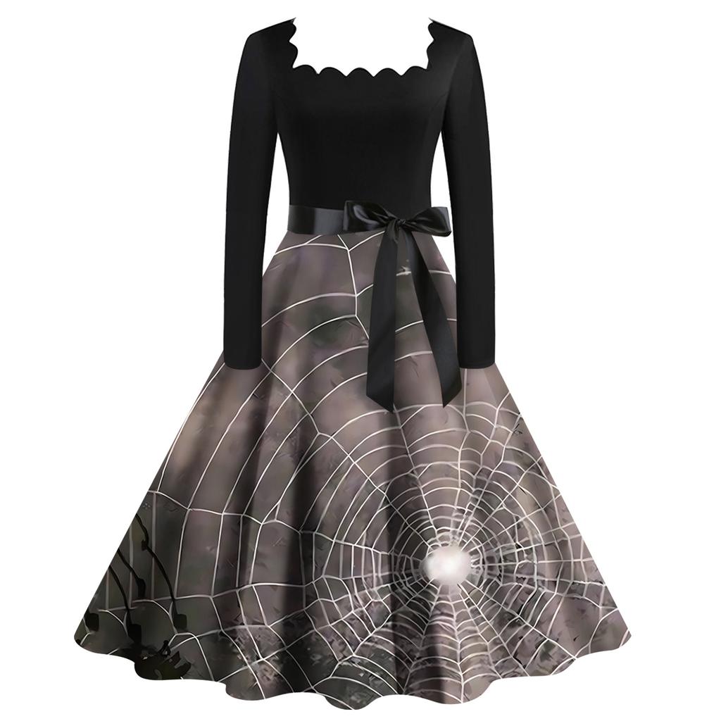 Halloween Damen Casual Fashion Square Neck Printed Vintage Kleid