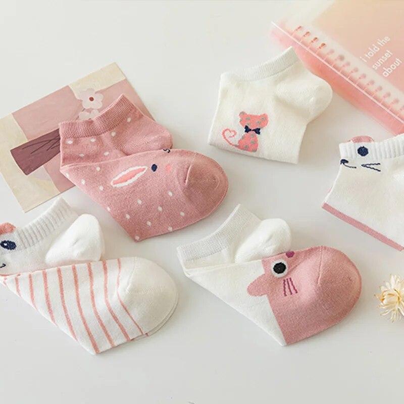 5 Pairs Women's Short Tube Socks Pink Cat Thin Four Seasons Cute Boat Sockslow Top Ins Trendy Socks
