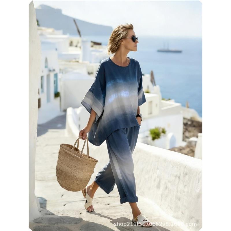 Y1 Women's Clothing, Bohemian Printed Crew Neck Medium Sleeve Set 1116 Summer Comfortable Casual Two-piece Set Europe and America