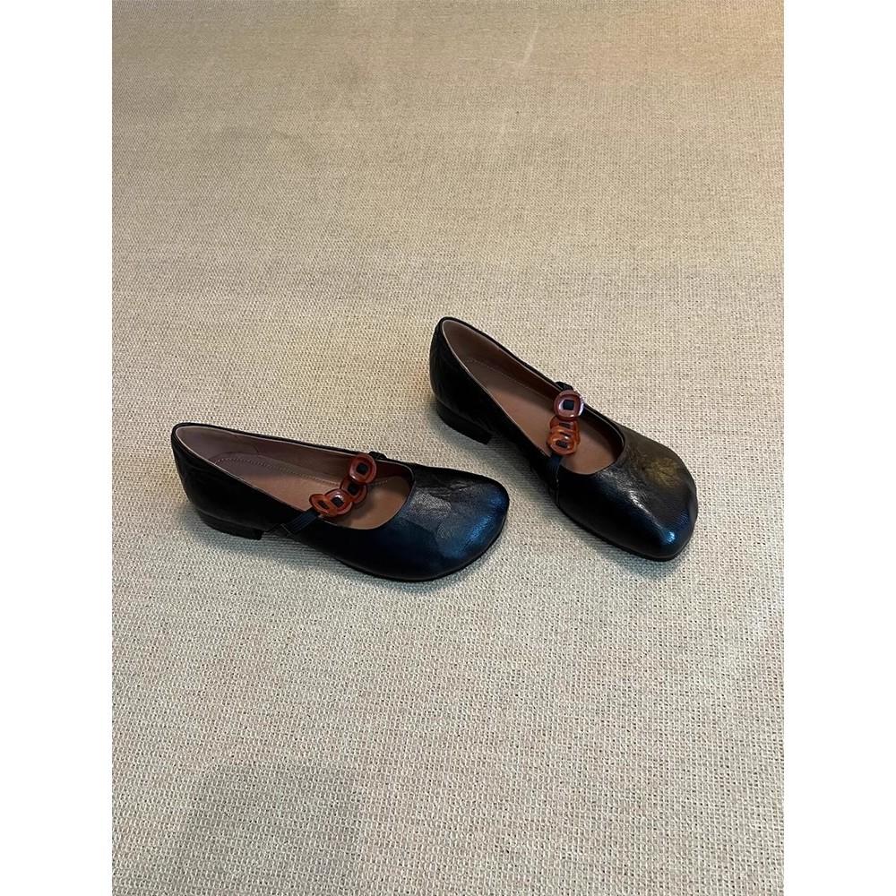 Sheepskin version niche retro round head thick heel single shoes women's versatile button elastic band light mouth soft leather Mary Jane shoes