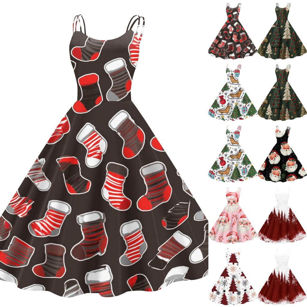 Women's Sexy Off-Shoulder Vintage Christmas Print Dress for Holiday Party