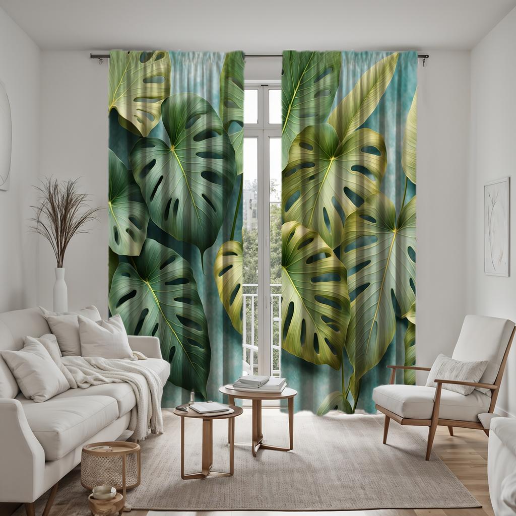 2pcs Set HD Southeast Asia Banana Leaf Decorative Curtain Green Tie Digital Printed Curtain Home Decoration Style Decorated L