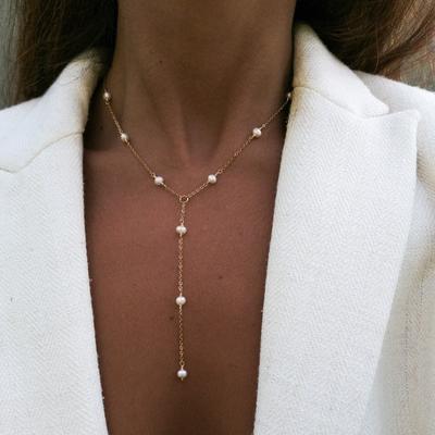 18K Gold Imitation Pearl Necklace Fringed Long Stainless Steel Collarbone Chain Simple Versatile Thin Chain Jewelry