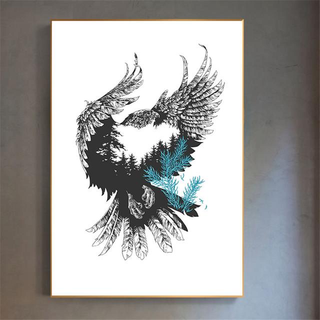 Scandinavian poster, canvas, flying eagle, forest, natural silhouette, wall art print, home decoration, oil painting without frame