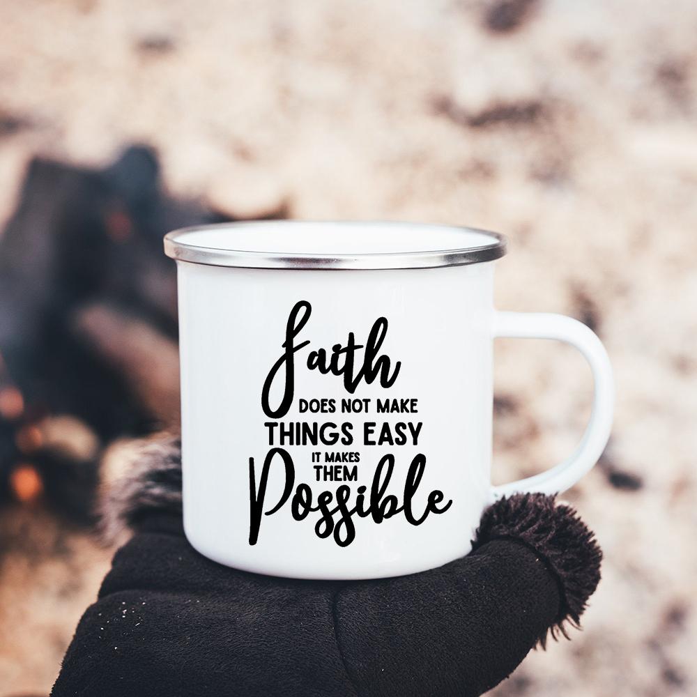 Faith Hope Love Print Christian Creative Enamel Mugs Outdoor Travel Coffee Cup Drink Dessert Milk Vintage Handle Drinkware Gift