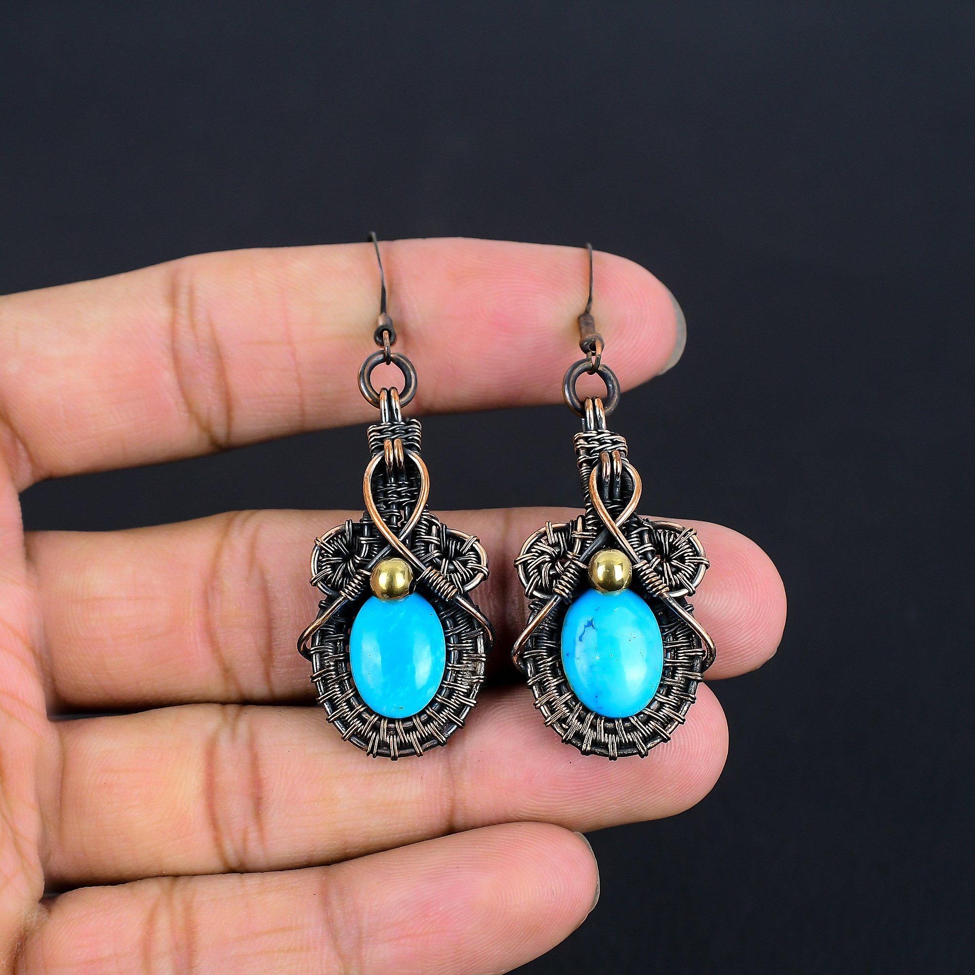 

Серьги с бирюзой Спящей красавицы, Ювелирные изделия из драгоценных камней, обернутые медной проволокой 999 пробы, Серьги ручной работы, На День благодарения 1.77 Inches