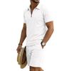 Men's Short Sleeve Polo Shirt and Shorts Set with Pockets Summer Casual Sportswear Lightweight Breathable Waffle Knit Fabric