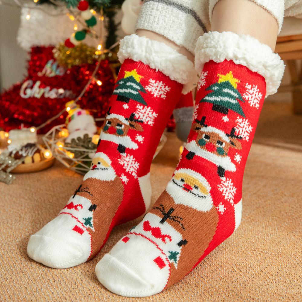Winter Christmas Themed Women Lamb Fleece Floor Socks, Adult Non-Slip Indoor Snow Socks for Home Carpet