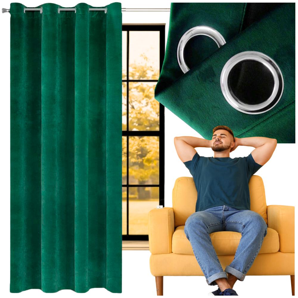 Velvet curtain with eyelets 250x140cm green rings velvet ready thick