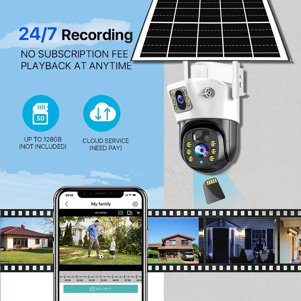 Outdoor Waterproof 4G/WIFI Solar Security CCTV, HD Night Vision Dual Cameras with PIR Human Detection