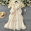 KOSY France Vintage Embroidery Formal Dresses Women Summer Autumn Lantern Long Sleeve Lace Pearl Prom Evening Birthday Party Dress