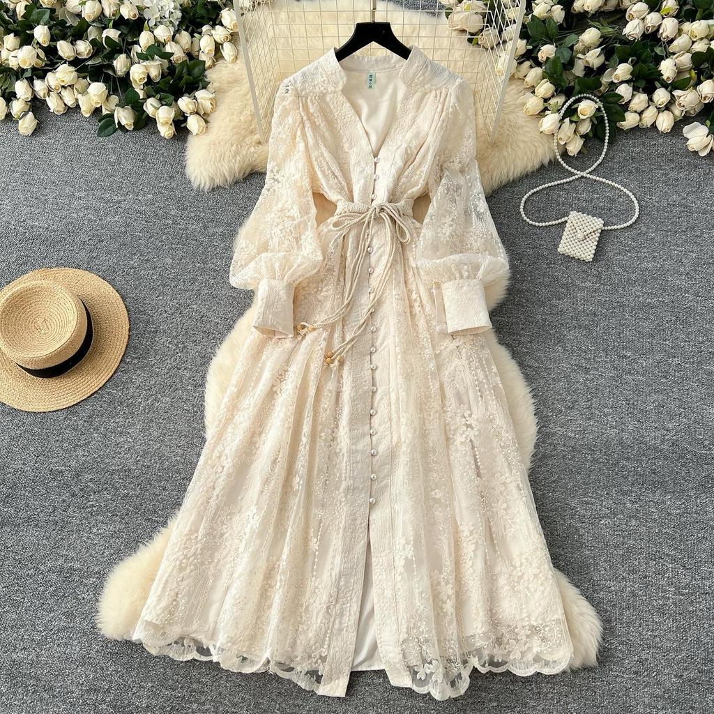 Francia Vintage Ricamo Abiti Formali Donna Estate Autunno Manica Lunga a Lanterna Pizzo Perla Ballo Serale Compleanno Abito da Festa