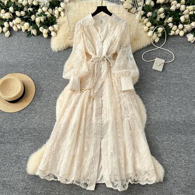 Franța Vintage Broderie Rochii Formale Femei Vară Toamnă Mânecă Lungă Tip Felinar Dantelă Perlă Bal Seară Zi de Naștere