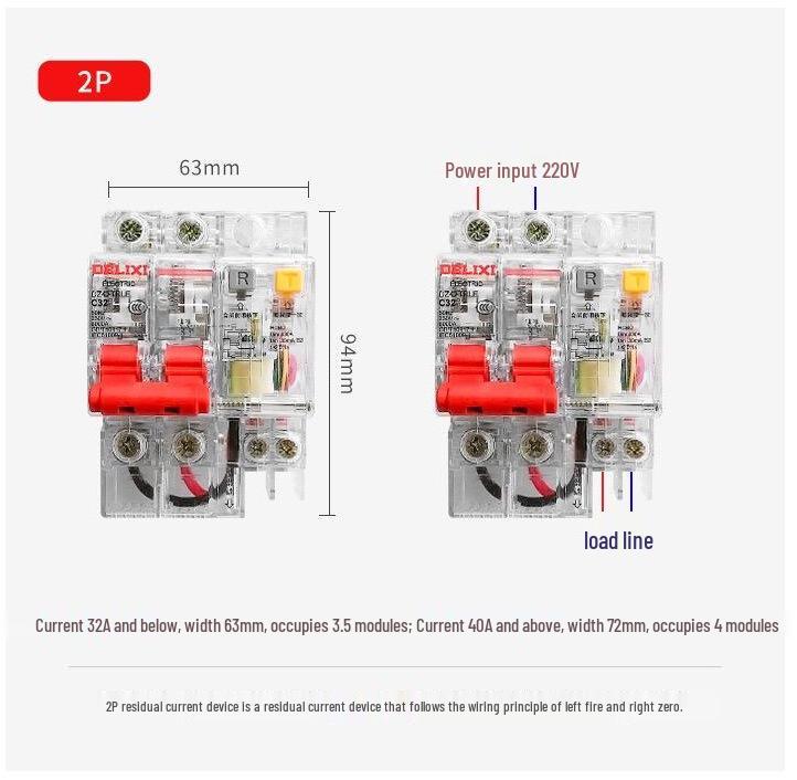 DELIXI Transparent Earth Leakage Circuit Breaker with RCD Switch, 1P+N/2P/3P/4P, 32A/63A Air Switch.