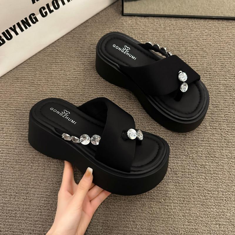 

Rhinestone toe crossed slippers women s summer wear new set of toe thick bottom fashion height-increasing flip-flops 40 чёрный