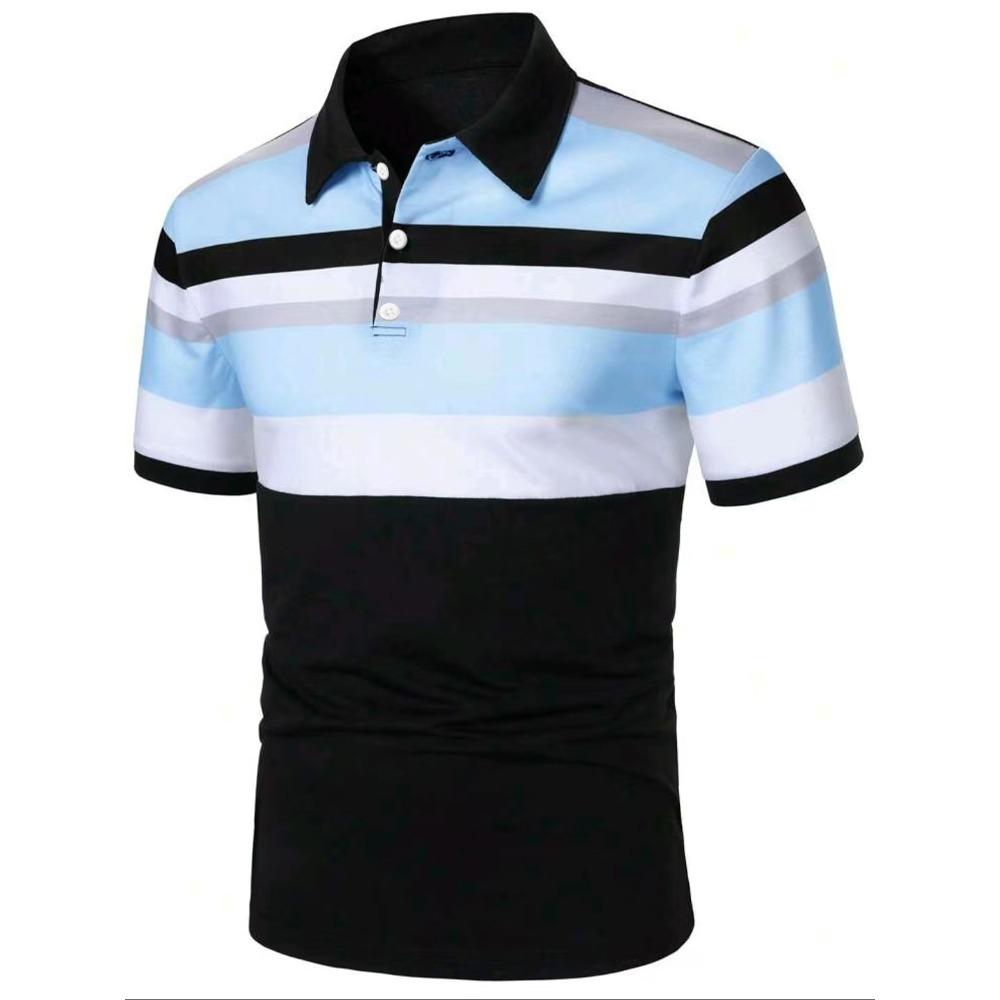 

Summer Men New Short Sleeve Stripe Polo Shirt Men Business Casual Lapel Golf Polo Shirt Tops 100% Polyester 3XL синій