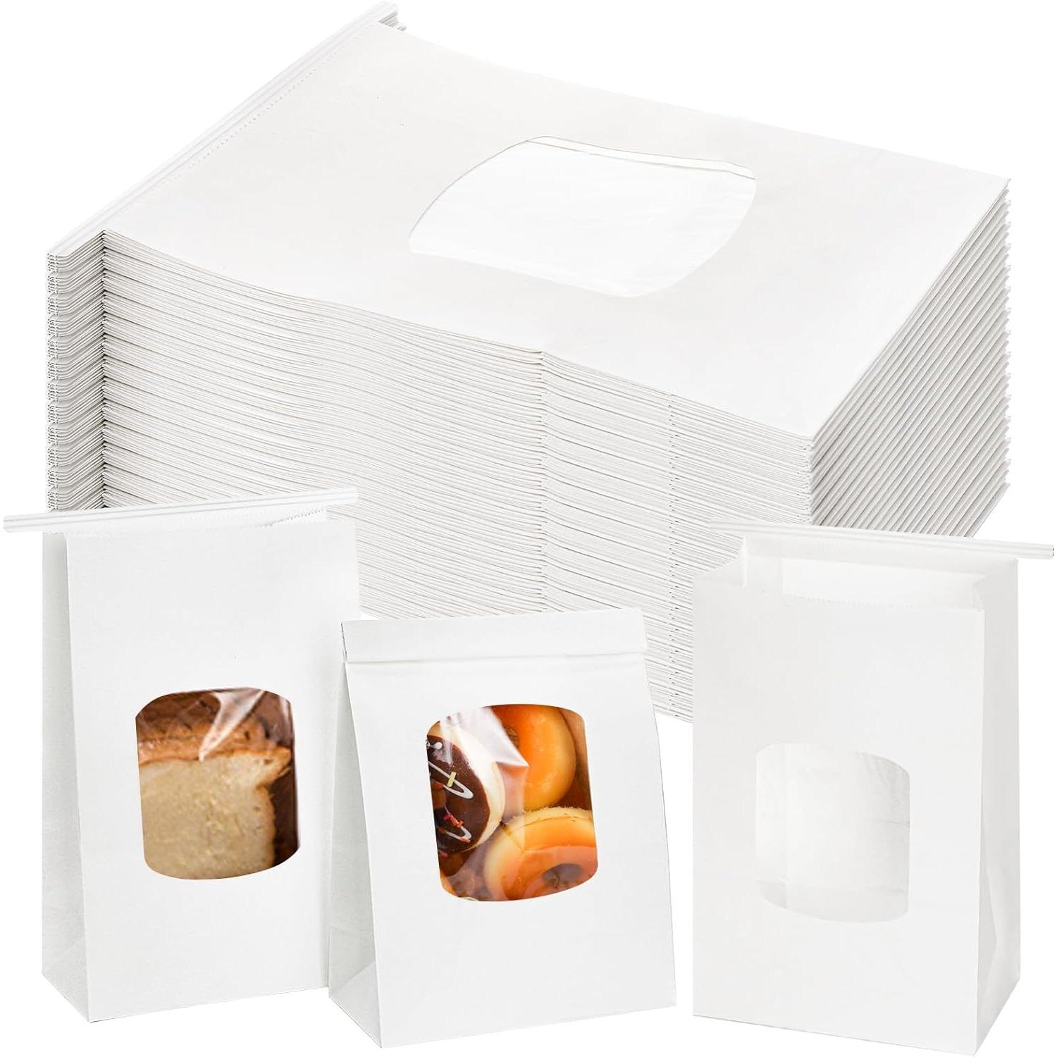 100Pcs Bakery Bags with Window, 6x3x9 Inches White Tin Tie Tab Lock Kraft Paper Bags for Cookies, Coffee Beans белый