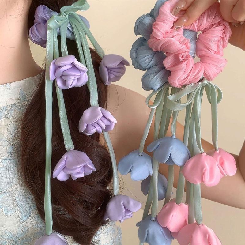 Elegant Floral Tulle Scrunchie With Fringe Detailing Headbands Rope Hair Band For Everyday Styling