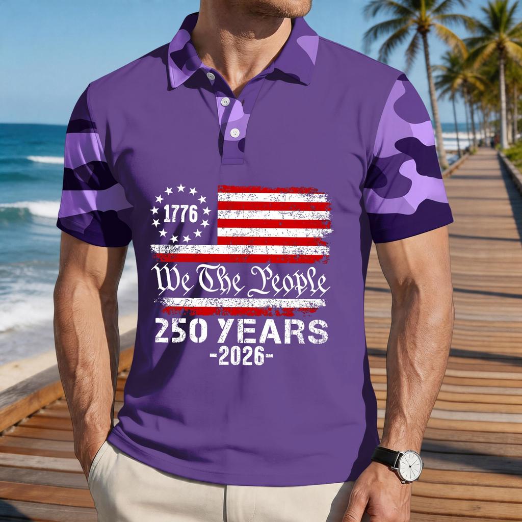 Men's Loose Fit Casual Short Sleeve Polo Shirt with National Flag Print Comfortable Lightweight Summer Top