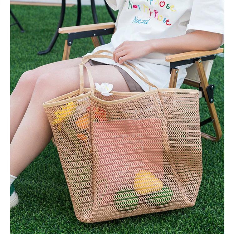 Mesh Beach Tote Bag Large Capacity Women Shoulder Bag Anti-Sand Net Shopping Bag with Zipper Pocket Lightweight Summer Travel Handbag
