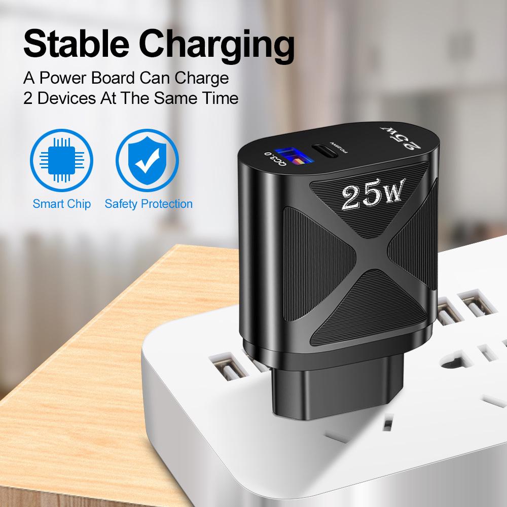 5V/9V/12V USB Travel Charger with US/EU/UK Specs, PD25W & QC3.0 Fast Charging