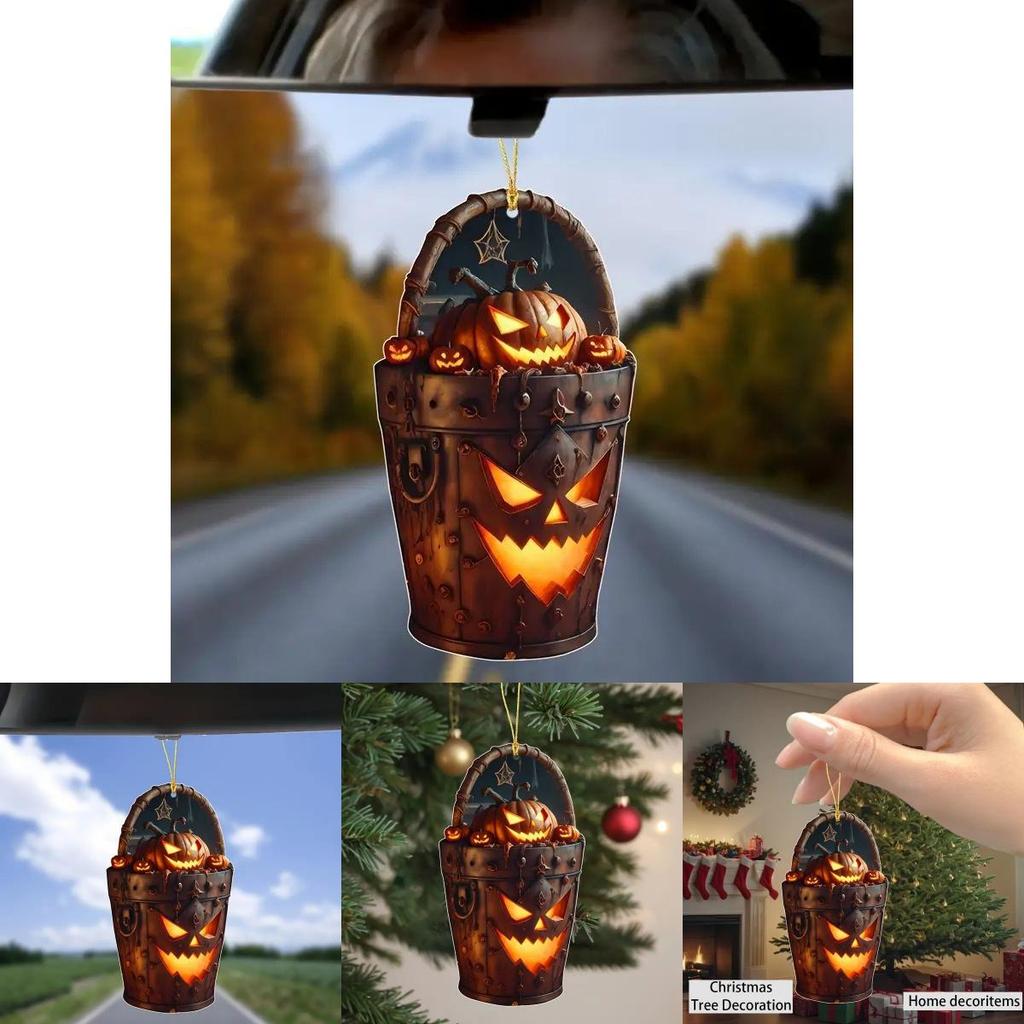 Acrylic Halloween Pumpkin Head Bucket Car Rearview Mirror Pendant With Cartoon Style For Vehicle Decor