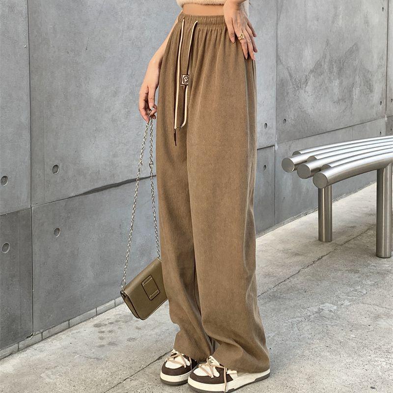 Korean Style Smiley Face High Waist Corduroy Wide Leg Pants for Women - Autumn/Winter Loose Slimming Straight Leggings