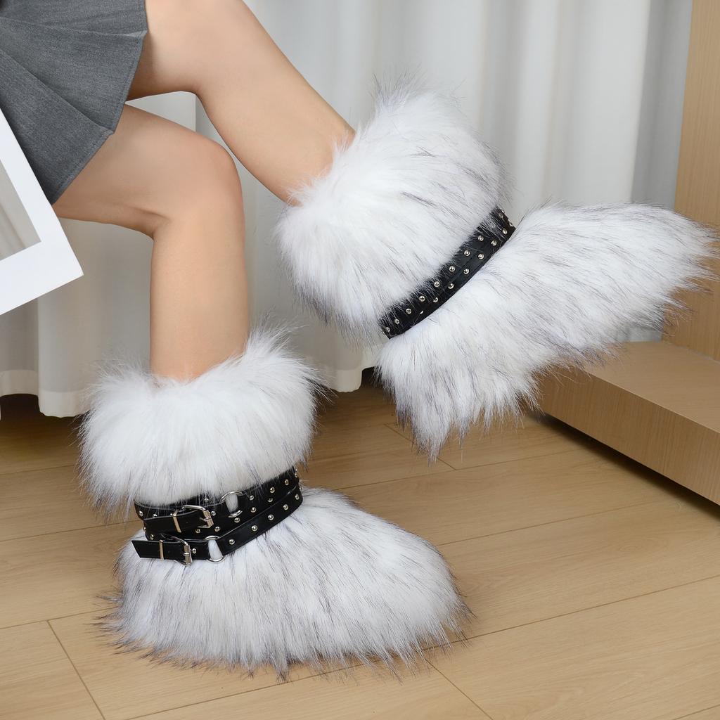 Women's Faux Fur Snow Boot Winter Warm Fluffy Furry Ankle Boots for Women Outdoor Fuzzy Mid-Calf Booties Plush Warm Snow Shoes for Outdoor Indoor
