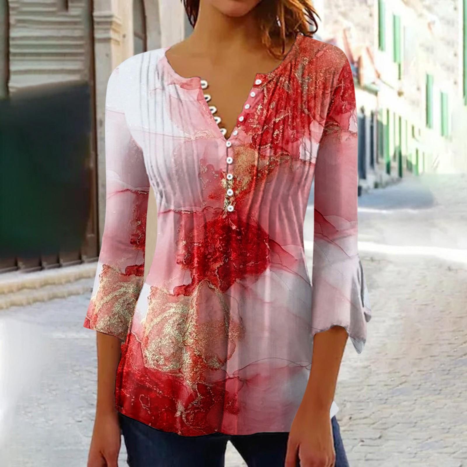 

Рубашки на пуговицах для женщин, туника с принтом, летние топы, нарядные повседневные весенние блузки с рукавом 3/4 и v-образным вырезом S красный