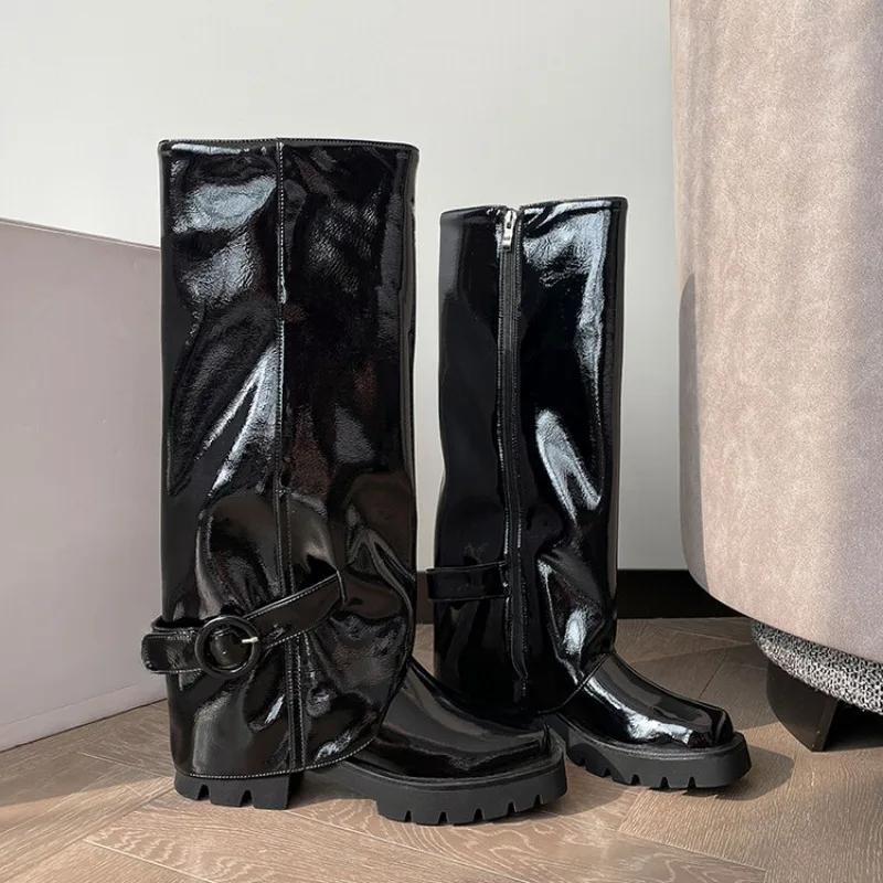 Fashion Elegant Black Belt Buckle Straight Tube Knee High Skirt Boots Women's Autumn Winter Fashion 5cm Thick Heel Western Long Boots