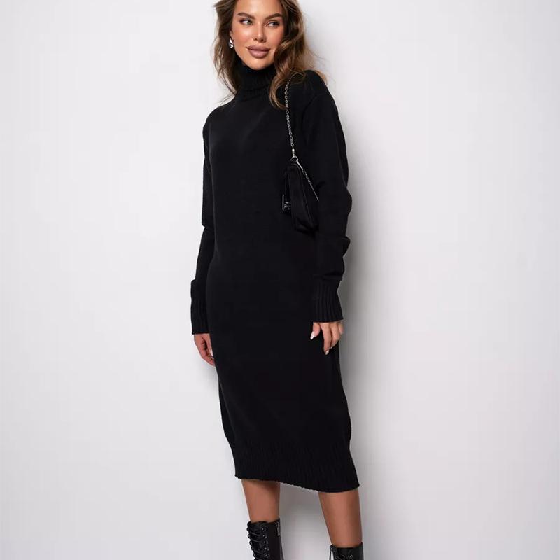 Elegant Solid Color Knitted Dress Women Loose Turtleneck Long Sleeve Female Sweater Autumn Winter Fashion Lady Knitwear
