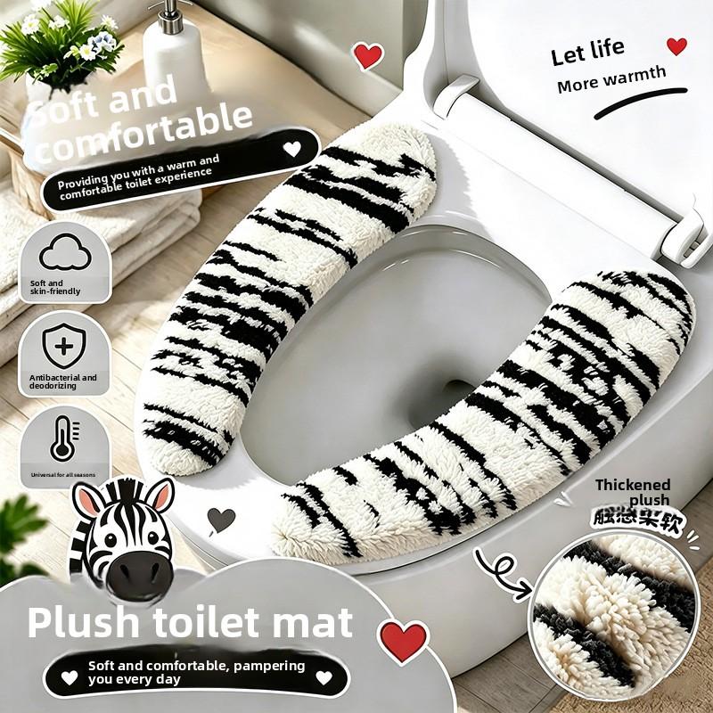 Adhesive-type Household Toilet Seat Cover for Autumn and Winter. Thick Striped Toilet Seat Pad for Easy Cleaning.