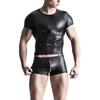 O-Neck Short Sleeve Elastic Men T-shirt Stage Performance Faux Leather Tee Shirt Clubwear