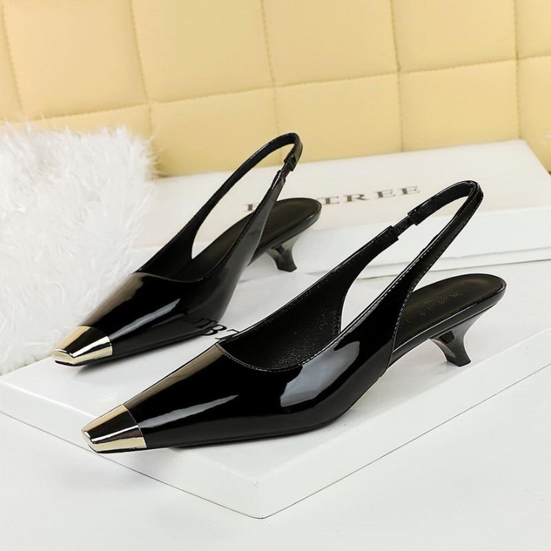 European Fashion Banquet Thin Heels And Shallow Mouth Women's Shoes Patent Leather Shiny Metal Toe Back Trip Straps To Make Slim
