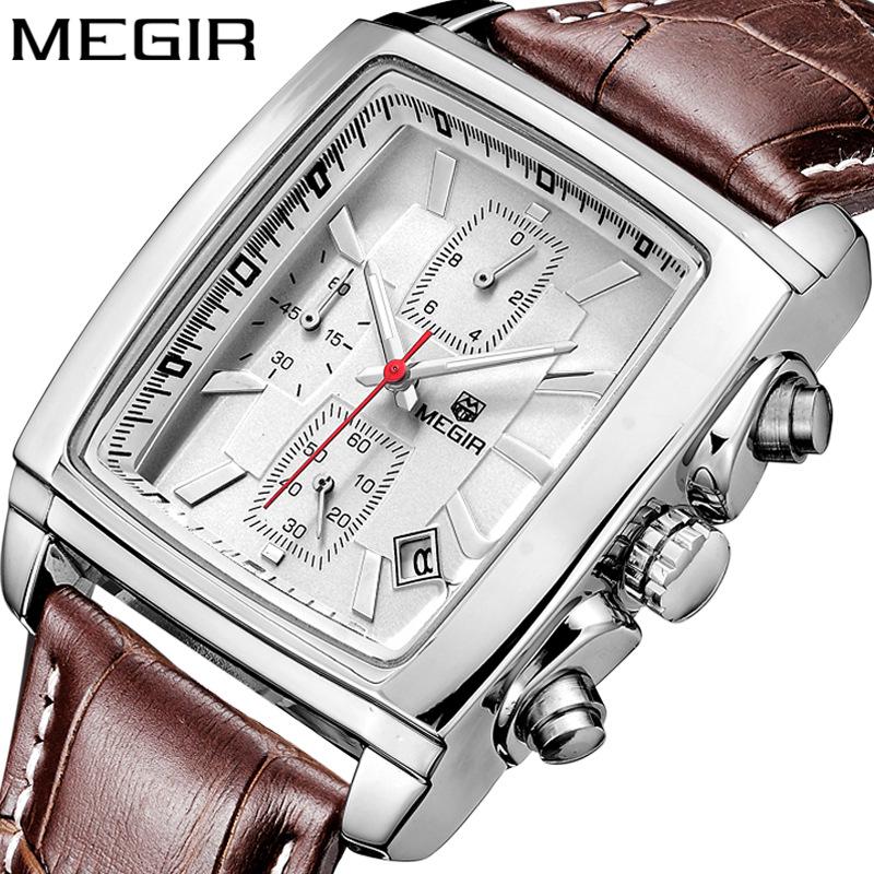 Megir 2028 Fashionable Retro Men's Chronograph Square Leather Watch