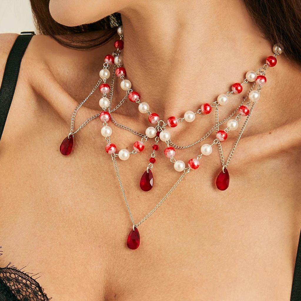 Salircon Luxury Vintage Imitation Pearl Crystal Pendant Necklace Women Exquisite Multilayer Clavicle Chain Wedding Party Jewelry