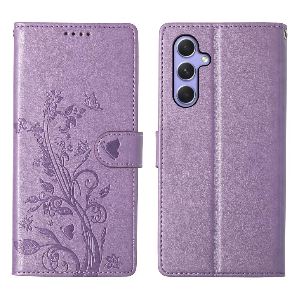 For Samsung Galaxy A16 5G/4G Wallet Case Butterfly Floral Imprint PU Leather Phone Cover with Wrist Strap