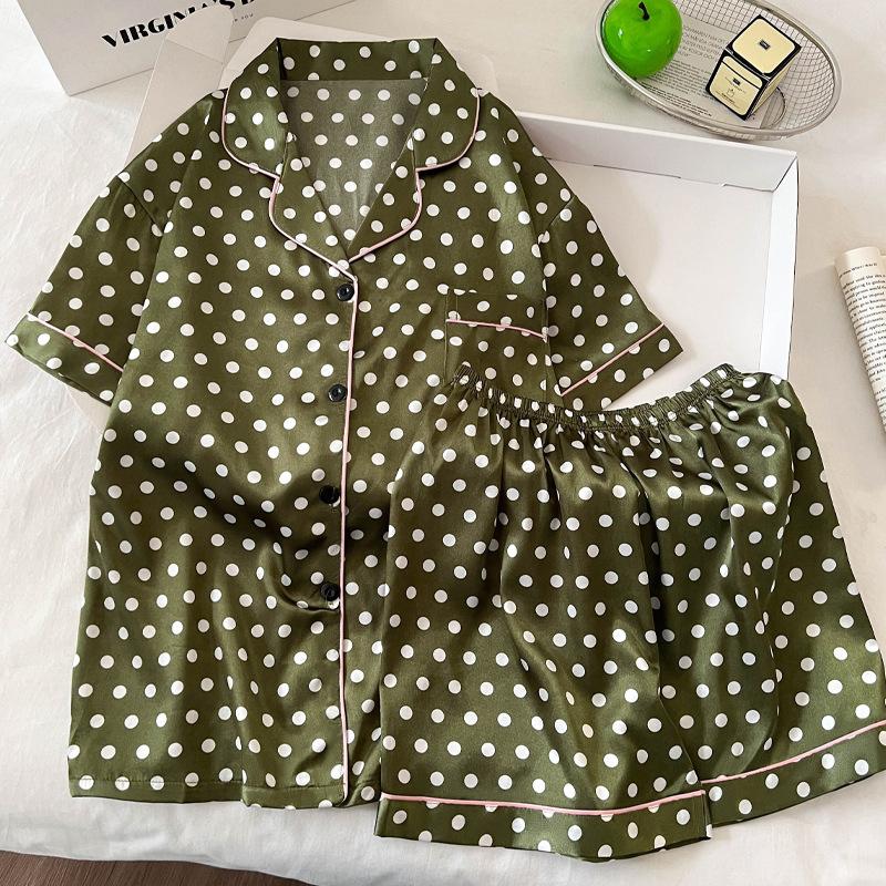 Mori Color Matching Small Dot Ice Silk Pajamas Women'S Summer Short-Sleeved High-End Loungewear Set
