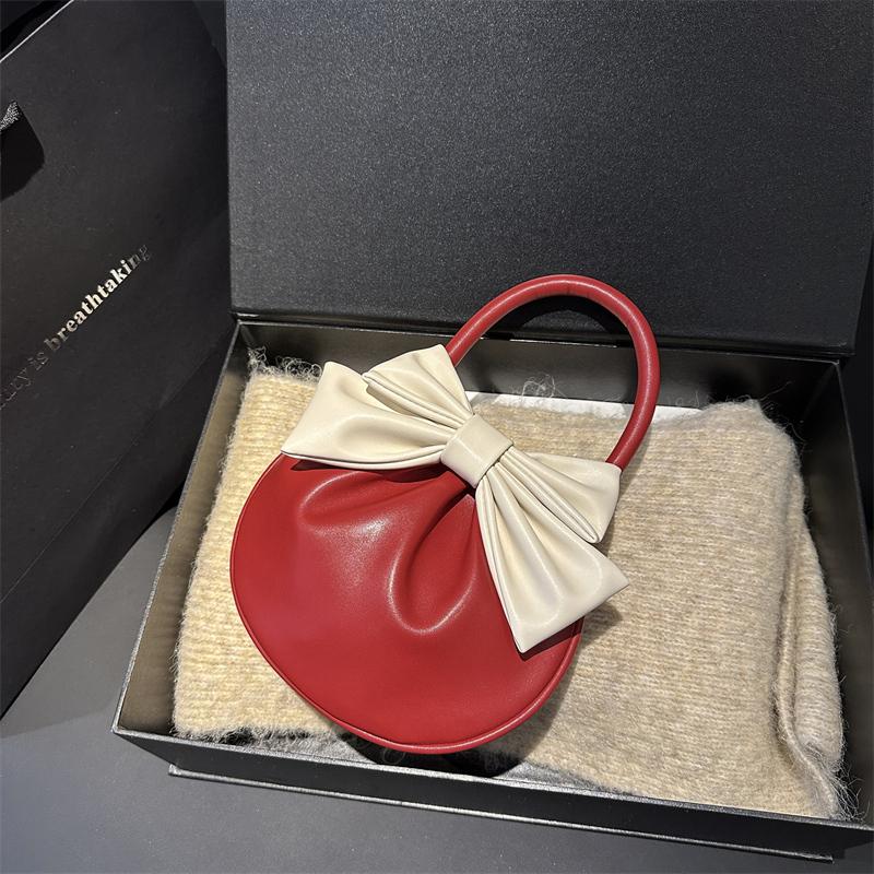 

Cute Bowknot Round Top-handle Bags For Women Pleated Mini Clutch Purse Soft PU Leather Ctrast Color Designer Handbags Luxury 20x18x1cm