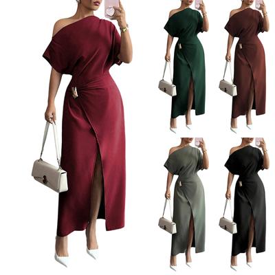 Women's Summer Fashion Color Off Shoulder Split Elegant Slimming Hip Hugging Dress