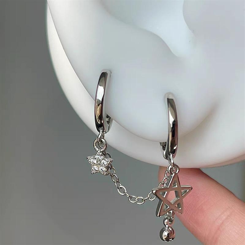 1PCS Silver Color Star Chain Double Ear Hole Stainless Steel Ear Bone Nail Y2K Fashion Hottie Earrings for Women Jewelry