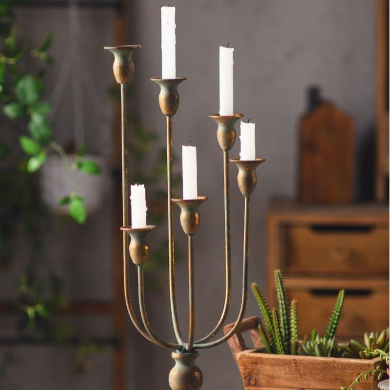 Industrial 5-Arm Candle Holder, Antique Faux Copper Candelabra, Distressed Brass Centerpiece for Home Decor, Rustic Table Decor
