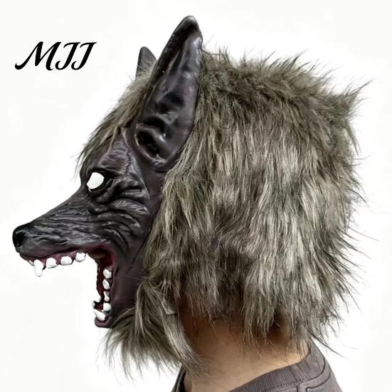 Strašidelná party pokrývka hlavy Halloweenská vlkodlačí maska na celou hlavu, Latexová vlkodlačí cosplay pokrývka hlavy s plně zakrývající maskou, Realistická srst, Rekvizita pro strašidelný dům,
